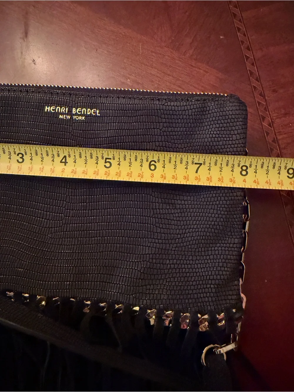 Henri Bendel Black Leather Lizard Embossed Black Fringed Crossbody Bag